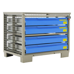 Mesh stillages fixed construction stackable with 4 perforated drawers