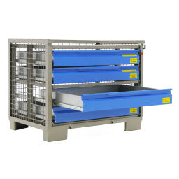 Mesh stillages fixed construction stackable with 4 perforated drawers