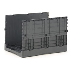 Stacking box plastic stackable and foldable all walls closed + open handles.  L: 600, W: 400, H: 400 (mm). Article code: 38-CT-120144