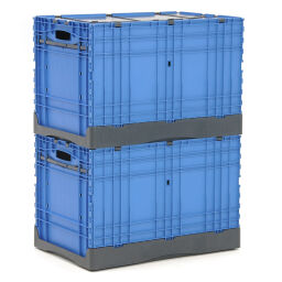 Stacking box plastic stackable and foldable all walls closed + open handles.  L: 600, W: 400, H: 400 (mm). Article code: 38-CT-120150