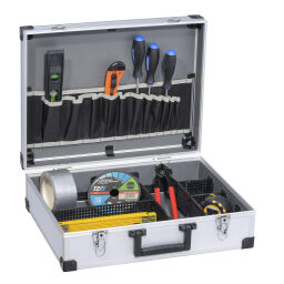 Boîte métallique rangement Caisse aluminium valise à outils avec fermeture rapide double.  L: 445, L: 355, H: 145 (mm). Code d’article: 56425200
