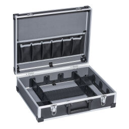 Boîte métallique rangement Caisse aluminium valise à outils avec fermeture rapide double.  L: 445, L: 355, H: 145 (mm). Code d’article: 56425201