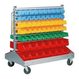 Storage bin plastic mobile storage rack incl. 128 warehouse containers.  L: 1200, W: 720, H: 1160 (mm). Article code: 56455925