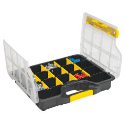 Transport case assortment case with 5-12 compartments.  L: 295, W: 235, H: 47 (mm). Article code: 56457410