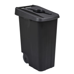 Waste bin Waste and cleaning plastic waste bin Hinged lid with insertion opening  Volume (ltr):  85.  L: 420, W: 570, H: 760 (mm). Article code: 8256185