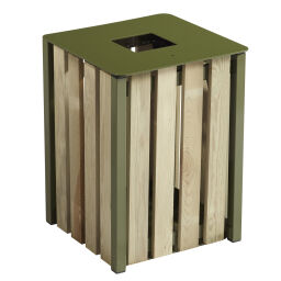 Buitenafvalbak Afval en reiniging stalen afvalbak met 4 houten wanden.  L: 400, B: 400, H: 565 (mm). Artikelcode: 8257875