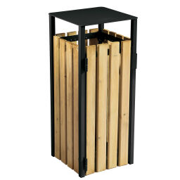 Buitenafvalbak Afval en reiniging stalen afvalbak met 4 houten wanden Uitvoering:  met 4 houten wanden.  L: 425, B: 425, H: 990 (mm). Artikelcode: 8257878