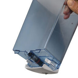 Sanitair Afval en reiniging zeep dispenser met slot.  L: 130, B: 95, H: 225 (mm). Artikelcode: 8252544