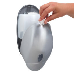 Sanitair Afval en reiniging zeep dispenser verwijderbaar reservoir.  L: 125, B: 105, H: 250 (mm). Artikelcode: 8252670