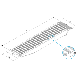 acces ramps access ramp straight aluminium 300 cm (pair) Height difference:  80 - 120 cm.  L: 3050, W: 325, H: 110 (mm). Article code: 8611001009