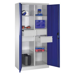 Material cabinet with 2 hinged doors, 6 shelves and 4 drawers 