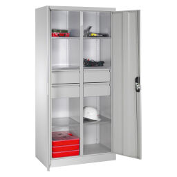 Material cabinet with 2 hinged doors, 6 shelves and 4 drawers 