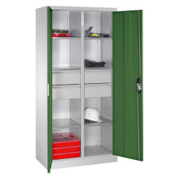 Material cabinet with 2 hinged doors, 6 shelves and 4 drawers 