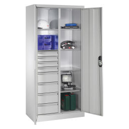 Material cabinet with 2 hinged doors, 6 shelves and 8 drawers 