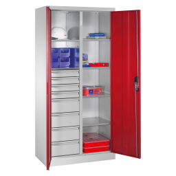 Cabinet material cabinet with 2 hinged doors, 6 shelves and 8 drawers .  W: 930, D: 500, H: 1950 (mm). Article code: 578921305-D
