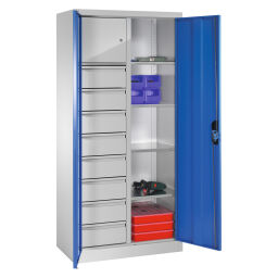 Cabinet material cabinet with 2 hinged doors, 4 shelves, 8 drawers and 1 safe .  W: 930, D: 500, H: 1950 (mm). Article code: 578921306-LW