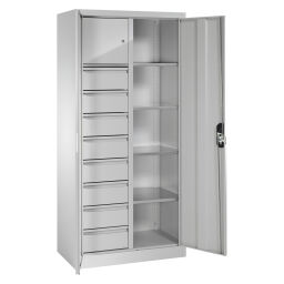 Cabinet material cabinet with 2 hinged doors, 4 shelves, 8 drawers and 1 safe .  W: 930, D: 500, H: 1950 (mm). Article code: 578921306-S