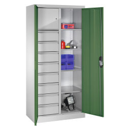 Cabinet material cabinet with 2 hinged doors, 4 shelves, 8 drawers and 1 safe 