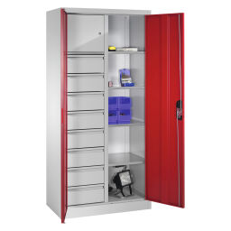 Cabinet material cabinet with 2 hinged doors, 4 shelves, 8 drawers and 1 safe .  W: 930, D: 500, H: 1950 (mm). Article code: 578921306-D