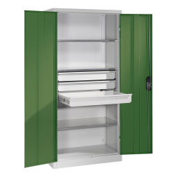 Cabinet material cabinet with 2 hinged doors, 4 shelves and 3 drawers 