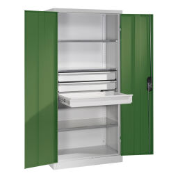 Material cabinet with 2 hinged doors, 4 shelves and 3 drawers 