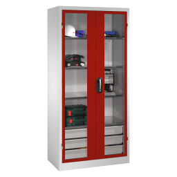 Cabinet material cabinet with viewing window in 2 hinged doors, 4 floors and 3 drawers.  W: 930, D: 500, H: 1950 (mm). Article code: 578921553-D