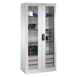 Cabinet material cabinet with viewing window in 2 hinged doors, 4 floors and 3 drawers.  W: 930, D: 500, H: 1950 (mm). Article code: 578921553-S