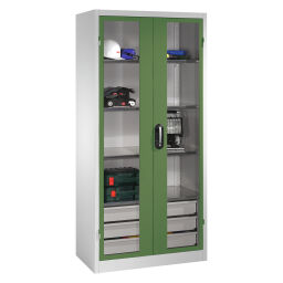 Cabinet material cabinet with viewing window in 2 hinged doors, 4 floors and 3 drawers.  W: 930, D: 500, H: 1950 (mm). Article code: 578921553-N