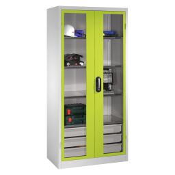 Cabinet material cabinet with viewing window in 2 hinged doors, 4 floors and 3 drawers.  W: 930, D: 500, H: 1950 (mm). Article code: 578921553-GN