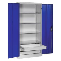 Armoire d'équipement avec 2 portes battantes, 4 étagères et 3 tiroirs