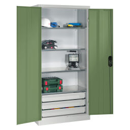 Material cabinet with 2 hinged doors, 4 shelves and 3 drawers 
