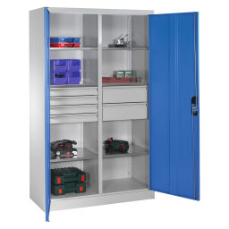 Armoire d'équipement avec 2 portes tournantes, 6 étages et 6 tiroirs