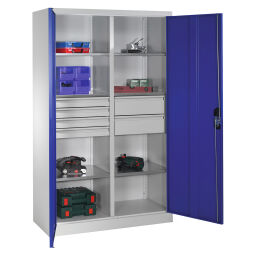 Armoire d'équipement avec 2 portes tournantes, 6 étages et 6 tiroirs