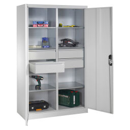 Cabinet material cabinet with 2 hinged doors, 6 shelves and 4 drawers .  W: 1200, D: 500, H: 1950 (mm). Article code: 5789313042-S