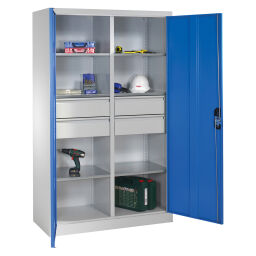 Material cabinet with 2 hinged doors, 6 shelves and 4 drawers 