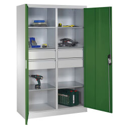 Cabinet material cabinet with 2 hinged doors, 6 shelves and 4 drawers 