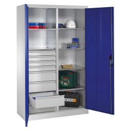 Material cabinet with 2 hinged doors, 6 shelves and 8 drawers 