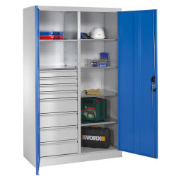 Armoire d'équipement avec 2 portes tournantes, 6 étages et 8 tiroirs