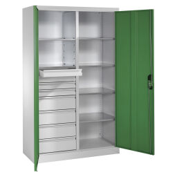 Material cabinet with 2 hinged doors, 6 shelves and 8 drawers 