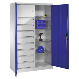 Cabinet material cabinet with 2 hinged doors, 4 shelves, 8 drawers and 1 safe .  W: 1200, D: 500, H: 1950 (mm). Article code: 578931306-DW