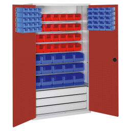 Cabinet boxes cabinet with 2 hinged doors, 3 drawers and 83 storage bins.  W: 1100, D: 535, H: 1950 (mm). Article code: 5713027667-D