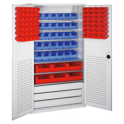 Boxes cabinet with 2 hinged doors, 3 drawers and 97 storage bins
