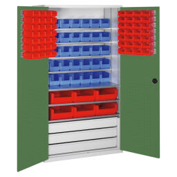 Boxes cabinet with 2 hinged doors, 3 drawers and 97 storage bins