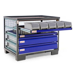 Mesh Stillages fixed construction stackable with 2 closed drawers and 7 trays.  L: 1240, W: 835, H: 979 (mm). Article code: 99-003-GH2-1-W
