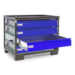 Mesh Stillages Full Security with 4 closed drawers.  L: 1240, W: 835, H: 979 (mm). Article code: 99-003-GH4-1-W