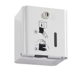 Sanitair Afval en reiniging zakjes dispenser met slot.  L: 135, B: 115, H: 135 (mm). Artikelcode: 8258106