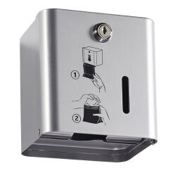 Sanitair Afval en reiniging zakjes dispenser met slot.  L: 135, B: 115, H: 135 (mm). Artikelcode: 8258107