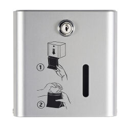 Sanitair Afval en reiniging zakjes dispenser met slot.  L: 135, B: 115, H: 135 (mm). Artikelcode: 8258107