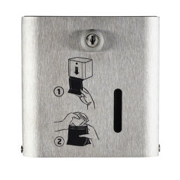 Sanitair Afval en reiniging zakjes dispenser met slot.  L: 135, B: 115, H: 135 (mm). Artikelcode: 8258118
