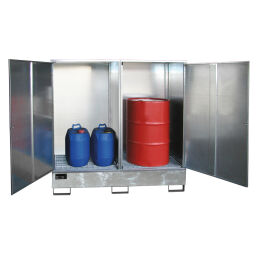 Hazardous substance depot Retention Basin Hazardous Materials Cabinets with galvanized grid + supporting feet Collection volume (ltr):  525.  L: 1475, W: 1460, H: 1805 (mm). Article code: 40GS3-E